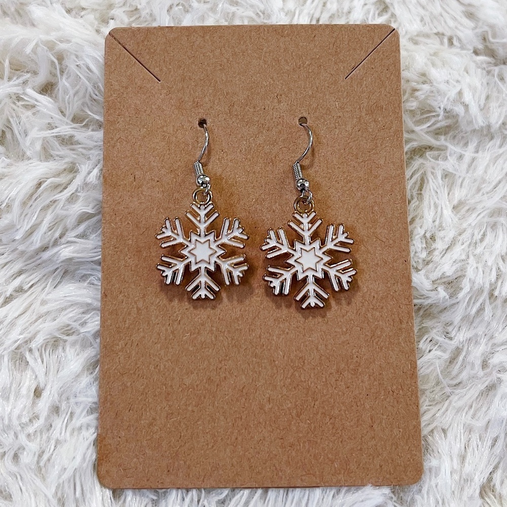 White Snowflake Earrings with Rose Gold Tone Metal